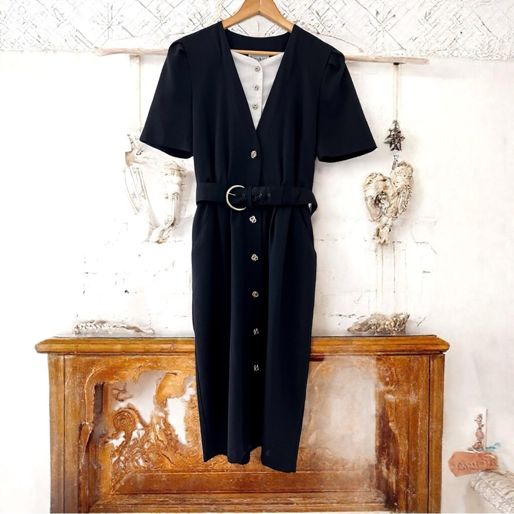 Vintage Periwinkle Black Midi Pencil Dress with Gold Buttons, Size 12, EUC